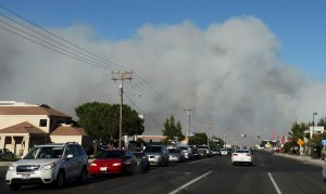 A traffic jam is seen as cars get away from the North Fire near Phelan