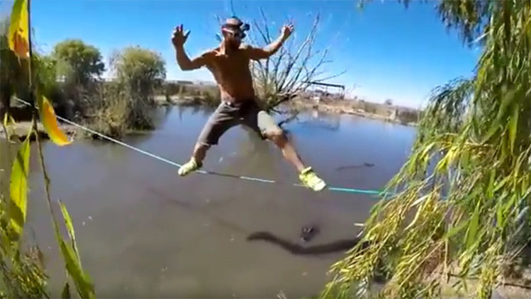 Un equilibrista cruza un lago infestado de caimanes hambrientos sobre una cuerda