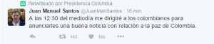 Twitt del presidente Juan Manuel Santos