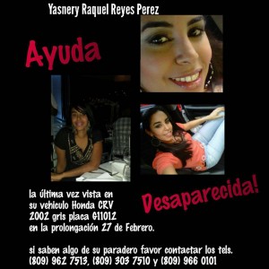 Yasnery Raquel Reyes está desaparecida, para información comunicarse a los teléfonos (809)-962-7513/ (809)-303-7510 