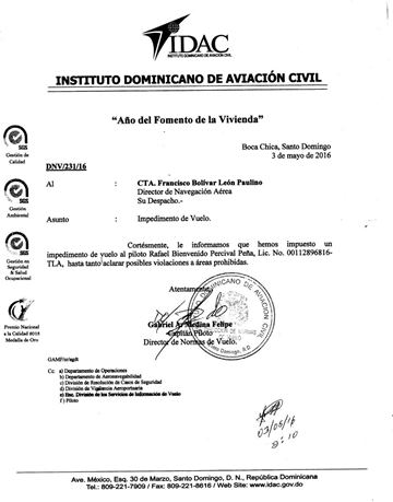 NCDN tuvo acceso a una carta donde se explica que el IDAC le prohibió a Percival Peña pilotar hasta que se aclare el incidente.