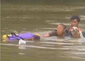 Milagroso rescate de una mujer y su perro en una inundación
