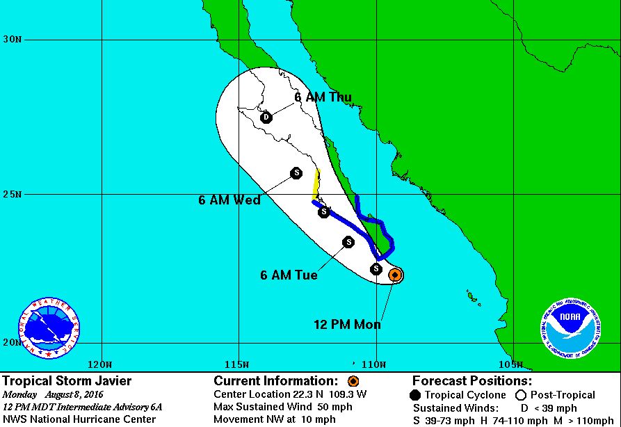 Tormenta tropical Javier se acerca al estado mexicano de Baja California Sur