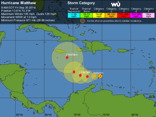 Fortalecido huracán Matthew es categoría 2 y sigue paso hacia el oeste