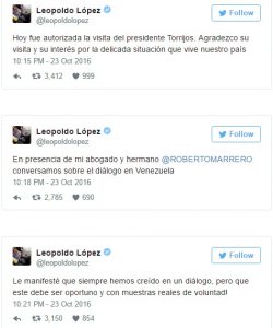 Twiits de Leopoldo López ante la situación