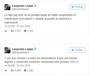 Twiits de Leopoldo López ante la situación