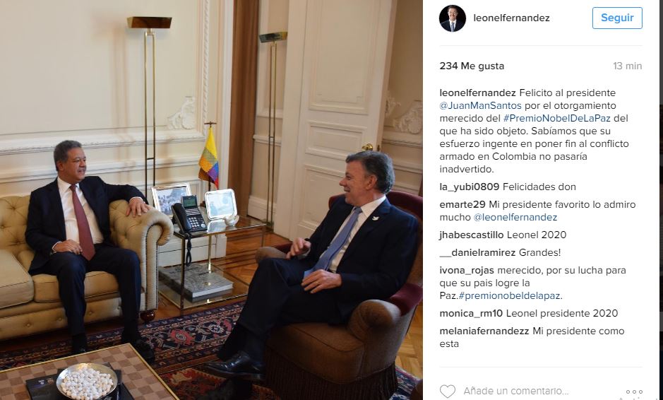 Leonel Fernández felicita a Juan Manuel Santos por su Nobel de la Paz