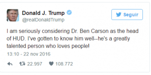 Trump dice que está considerando a Ben Carson para que se sume a su gabinete