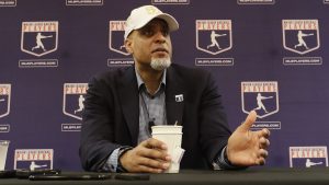 Executive Director of the Major League Players Association Tony Clark answers questions at a news conference Sunday, Feb. 19, 2017, in Phoenix. (AP Photo/Morry Gash)