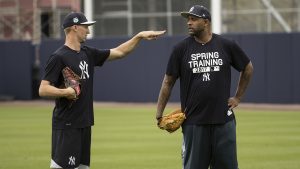 New York Yankees pitchers Chasen Shreve, left, and CC Sabathia during a spring training baseball workout Tuesday, Feb. 14, 2017 in Tampa, Fla. (AP Photo/Matt Rourke)