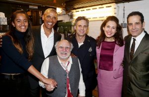 NEW YORK, NY - FEBRUARY 24:  (EXCLUSIVE COVERAGE) (L-R) Malia Obama, The 44th President of The United States Barack Obama, Danny DeVito, Mark Ruffalo, Jessica Hecht and Tony Shalhoub pose backstage at The Roundabout Theatre Company's production of 