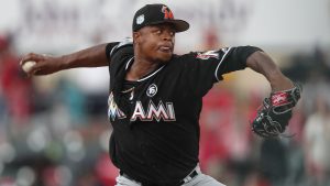 Miami Marlins pitcher Edinson Volquez works against the St. Louis Cardinals in a spring training baseball game Thursday, March 23, 2017, in Jupiter, Fla. (AP Photo/John Bazemore)