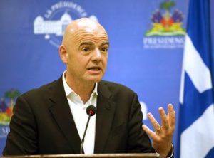 FILE - In this Saturday, April 29, 2017 file photo, FIFA President Gianni Infantino gives a press conference at the National Palace in Port-au-Prince, Haiti. An accelerated process to hand North America the 2026 World Cup is set to be approved by soccer leaders this week, with FIFA President Gianni Infantino hoping for a 
