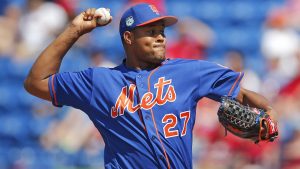 New York Mets relief pitcher Jeurys Familia (27) works against the St. Louis Cardinals in the eighth inning of a spring training baseball game Tuesday, March 28, 2017, in Port St. Lucie, Fla. The game ended in a 3-3 tie. (AP Photo/John Bazemore)