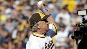 Former San Diego Padre Randy Jones throws a ceremonial pitch prior to the MLB baseball All-Star Game, Tuesday, July 12, 2016, in San Diego. (AP Photo/Gregory Bull)