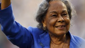 Jackie Robinson's widow Rachel Robinson waves to fans prior to a baseball game between the Los Angeles Dodgers and the San Francisco Giants, Friday, April 15, 2016, in Los Angeles. (AP Photo/Mark J. Terrill)