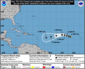 Tormenta Irma podría convertirse en huracán este jueves mientras avanza hacia el Caribe