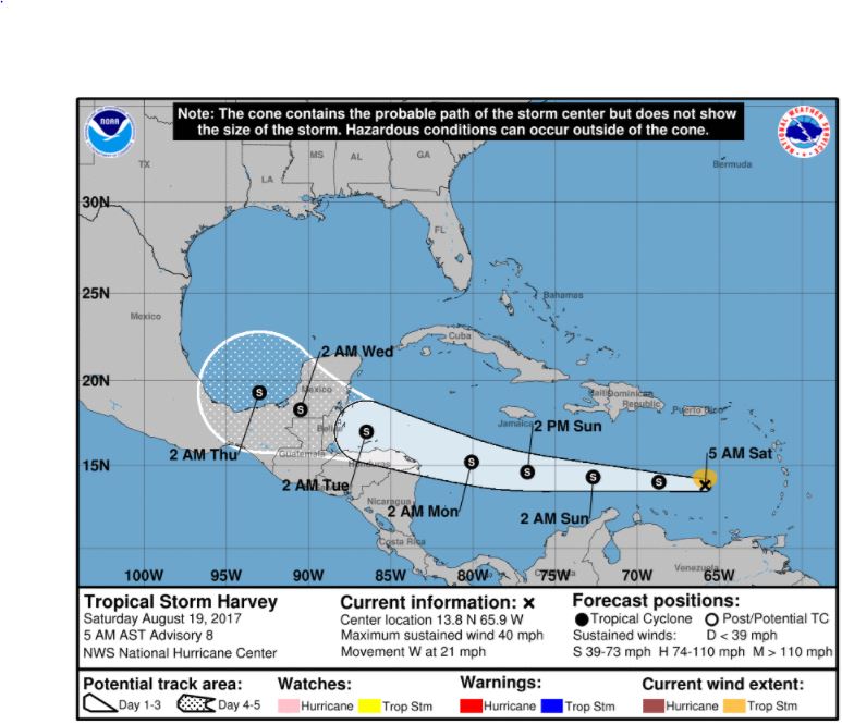 Tormenta tropical Harvey se mueve en aguas del Caribe este sábado