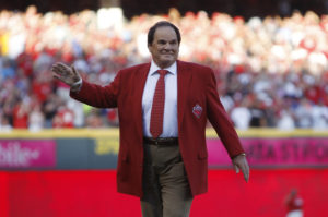 Jul 14, 2015; Cincinnati, OH, USA; Pete Rose is honored prior to the 2015 MLB All Star Game at Great American Ball Park. Mandatory Credit: Frank Victores-USA TODAY Sports - RTX1KAW6