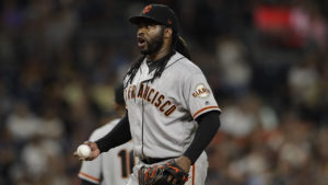 San Francisco Giants starting pitcher Johnny Cueto reacts during the fourth inning of a baseball game against the San Diego Padres Friday, July 14, 2017, in San Diego. (AP Photo/Gregory Bull)