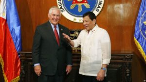 US State Secretary Rex Tillerson, left, is welcomed by President Rodrigo Duterte during the former's courtesy call at Malacanang Palace in Manila, Philippines Partners. Monday, Aug. 7, 2017. Tillerson is here to attend the 50th ASEAN Foreign Ministers Meeting and its Dialogue Partners. (AP Photo/Bullit Marquez)