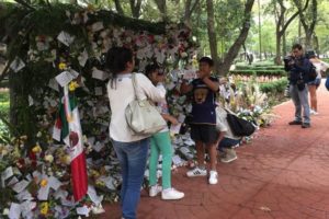 De entre los cientos de flores y mensajes que se encuentran en la zona más silenciosa del Parque México, de la bohemia colonia Condesa, en la capital del país, hay uno que sobresale porque es el único 