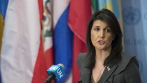 American Ambassador to the United Nations Nikki Haley speaks to reporters Tuesday, Jan. 2, 2018 at United Nations headquarters.  (AP Photo/Mary Altaffer)