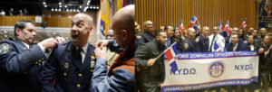 NUEVA YORK._ Fausto Pichardo, recibe las dos estrellas en su uniforme después de su ascenso como subjefe del NYPD. A la derecha, sus colegas dominicanos celebran con él. (Fotos fuente externa)