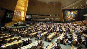 The General Assembly is shown prior to a vote, Thursday, Dec. 21, 2017, at United Nations headquarters.  President Donald Trump's threat to cut off U.S. funding to countries that oppose his decision to recognize Jerusalem as Israel's capital has raised the stakes in Thursday's U.N. vote and sparked criticism of his tactics, with one Muslim group calling it bullying or blackmail. (AP Photo/Mark Lennihan)