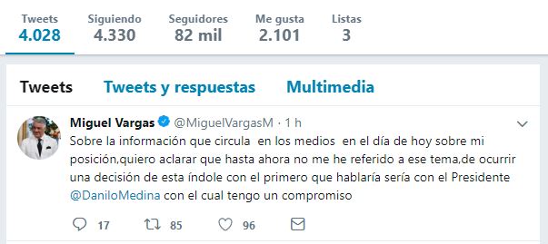 Miguel Vargas dice aún no se ha referido a su “posición” tras versión de que renunció como canciller