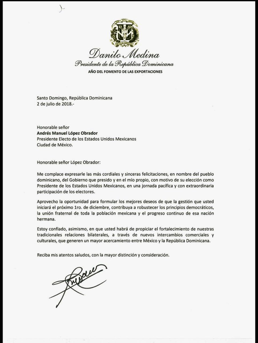Danilo Medina felicita a Manuel López Obrador por su elección como presidente de México