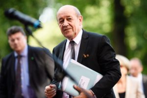 epa06800769 French Foreign Affairs Minister Jean-Yves Le Drian arrives for the Normandy contact group meeting in Berlin, Germany, 11 June 2018. The members meet on a regular basis to solve the diplomatic crisis in East Ukraine. EPA/CLEMENS BILAN