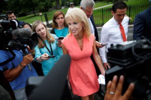 epa06920394 Counselor to President Trump Kellyanne Conway (C) responds to questions from reporters after an interview outside the West Wing of the White House in Washington, DC, USA, 31 July 2018. Jury selection began the same day for the trial of former Trump campaign chairman Paul Manafort in the Alexandria, Virginia, federal court on bank and tax fraud charges discovered during the special counsel's investigation of Russian meddling in the 2016 presidential election. EPA/SHAWN THEW