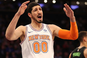 NEW YORK, NY - MARCH 13:  Enes Kanter #00 of the New York Knicks reacts in the second quarter against the Dallas Mavericks during their game at Madison Square Garden on March 13, 2018 in New York City. NOTE TO USER: User expressly acknowledges and agrees that, by downloading and or using this photograph, User is consenting to the terms and conditions of the Getty Images License Agreement.  (Photo by Abbie Parr/Getty Images)