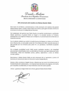 Presidente Medina destaca méritos de Mella al conmemorarse 203 aniversario de su natalicio