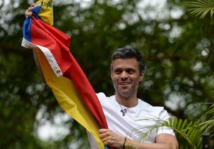 Venezuelan opposition leader Leopoldo Lopez displaying a Venezuelan national flag, greets supporters gathering outside his house in Caracas, after he was released from prison and placed under house arrest for health reasons, on July 8, 2017.
Venezuela's Supreme Court confirmed on its Twitter account it had ordered Lopez to be moved to house arrest, calling it a 