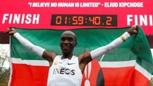Kenya's Eliud Kipchoge, the marathon world record holder, celebrates after a successful attempt to run a marathon in under two hours in Vienna, Austria, October 12, 2019. REUTERS/Leonhard Foeger