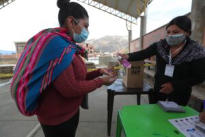 Una mujer aimara se lava con alcohol en gel por bioseguridad al momento de emitir su voto hoy en El Alto (Bolivia). EFE/Martin Alipaz