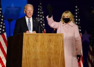 Democratic presidential candidate Joe Biden and his wife, Jill Biden, speak to supporters in Wilmington, Delaware, on Wednesday, 4 November 2020. EFE-EPA/Jim Lo Scalzo