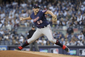 Minnesota Twins starting pitcher Randy Dobnak (68) delivers against the New York Yankees during the first inning of Game 2 of an American League Division Series baseball game, Saturday, Oct. 5, 2019, in New York. (AP Photo/Frank Franklin II)