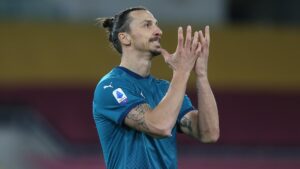 ROME, ITALY - FEBRUARY 28: Zlatan Ibrahimovic of AC Milan reacts during the Serie A match between AS Roma and AC Milan at Stadio Olimpico on February 28, 2021 in Rome, Italy. Sporting stadiums around Italy remain under strict restrictions due to the Coronavirus Pandemic as Government social distancing laws prohibit fans inside venues resulting in games being played behind closed doors. (Photo by Paolo Bruno/Getty Images)
