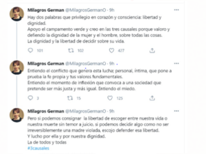Milagros Germán indicó a través de un post en Twitter que apoya el campamento verde