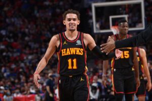 PHILADELPHIA, PA - JUNE 6: Trae Young #11 of the Atlanta Hawks smiles during a game against the Philadelphia 76ers during Round 2, Game 1 of the Eastern Conference Playoffs on June 6, 2021 at Wells Fargo Center in Philadelphia, Pennsylvania. NOTE TO USER: User expressly acknowledges and agrees that, by downloading and/or using this Photograph, user is consenting to the terms and conditions of the Getty Images License Agreement. Mandatory Copyright Notice: Copyright 2021 NBAE   David Dow/NBAE via Getty Images/AFP (Photo by David Dow / NBAE / Getty Images / Getty Images via AFP)
