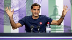 Switzerland's Roger Federer attends a press conference at The All England Tennis Club in Wimbledon, southwest London, on June 26, 2021, ahead of the start of the 2021 Wimbledon Championships tennis tournament. - RESTRICTED TO EDITORIAL USE (Photo by AELTC/Florian Eisele / various sources / AFP) / RESTRICTED TO EDITORIAL USE (Photo by AELTC/FLORIAN EISELE/AFP via Getty Images)
