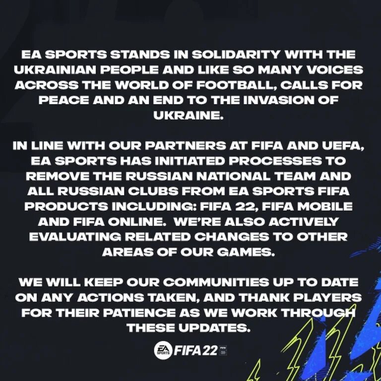 EA Sports retiró a Rusia y a todos los equipos de ese país de Fifa 22